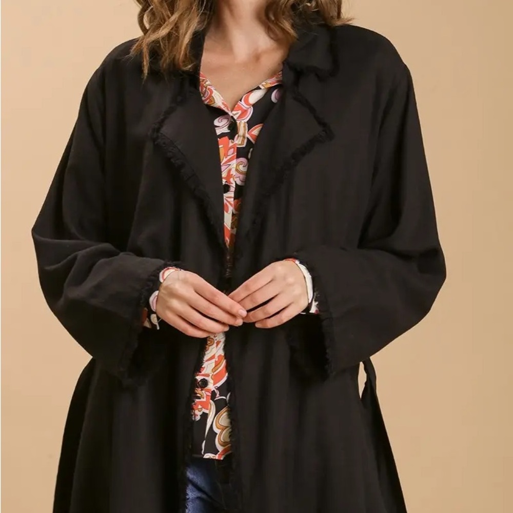 030 UMGEE Linen Blend Open Front Tie Waist Long Jacket with Destressed Details - Picture 3 of 5